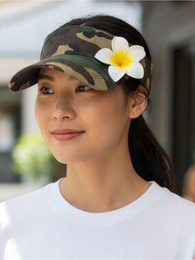 Camouflage visor short brim with Plumeria flower Hawaiian Hawaii